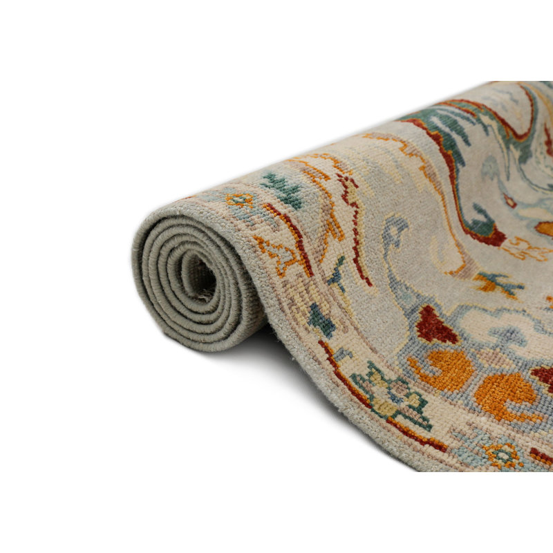 Tapis multicolore Oushak en laine noué à la main gris menthe, Rectangle 10' x 14'