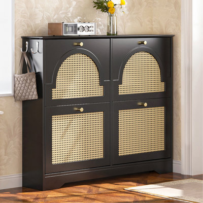 Mid-Century Narrow Design Tipping Bucket Shoe Cabinet With 4 Flip Drawers, Elegant Entryway Shoe Organizer With 4 Rattan Doors, Freestanding Shoe Rack With 2 Silvery Hooks For Hallway