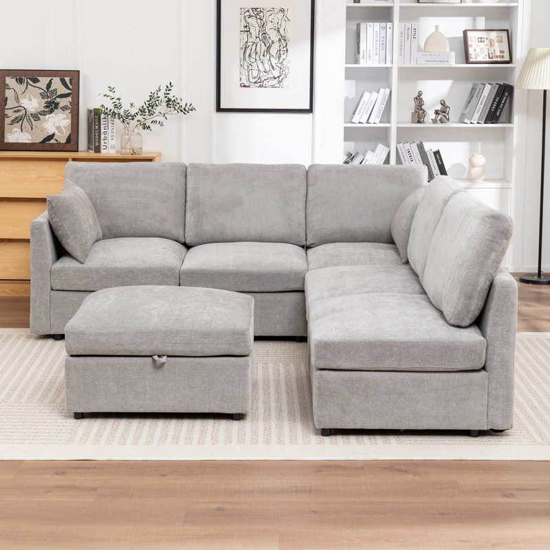 Canapé modulaire avec repose-pieds de rangement 6 pièces Wilroy, Gris