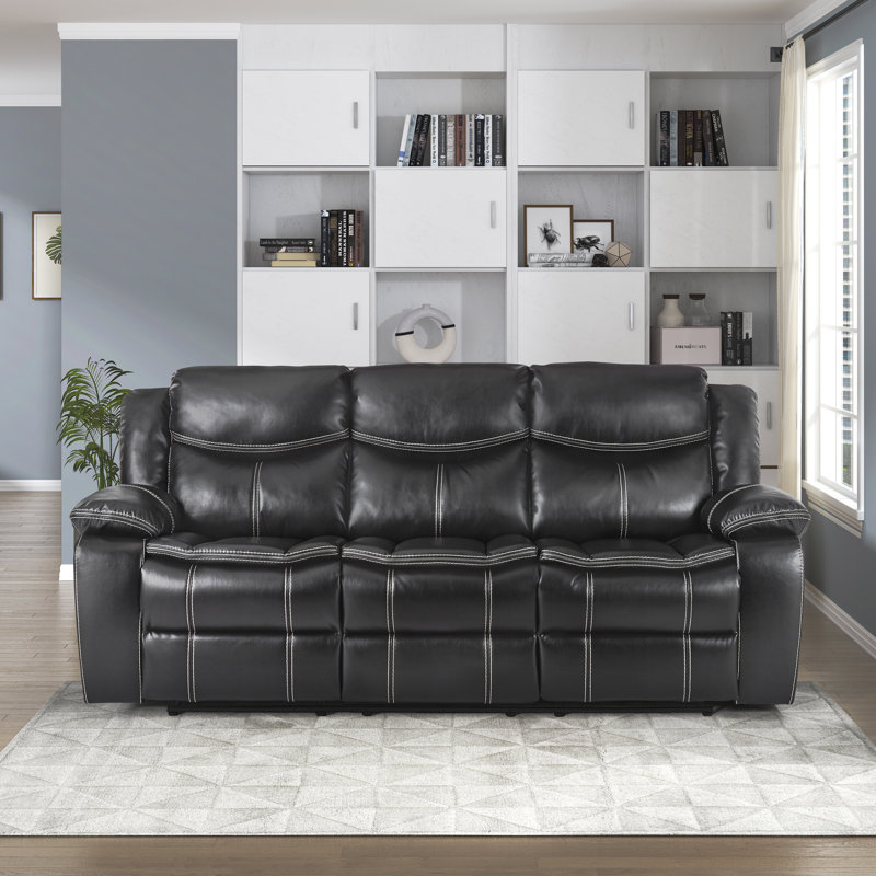 Matherne 87.5" Traditional Manual Faux Leather Reclining Sofa with Durable Metal Reinforced Seats, Tab Pull Motion
