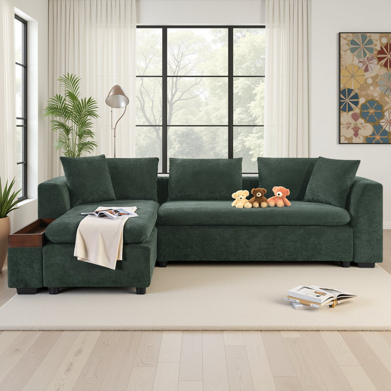 Canapé modulaire en L en chenille avec compartiment de rangement en bois et coussins décoratifs, Chenille verte
