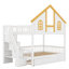 Lit superposé multifonctionnel en bois avec toit, escalier de rangement et lit gigogne-1234523142