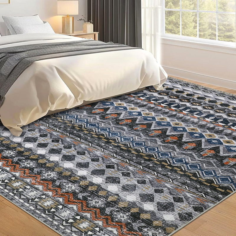 Grand tapis lavable de 10 pi x 13 pi - antidérapant, à poils courts, compact, résistant aux marques et à motif géométrique vieilli pour le salon, la chambre à coucher et le bureau - gris