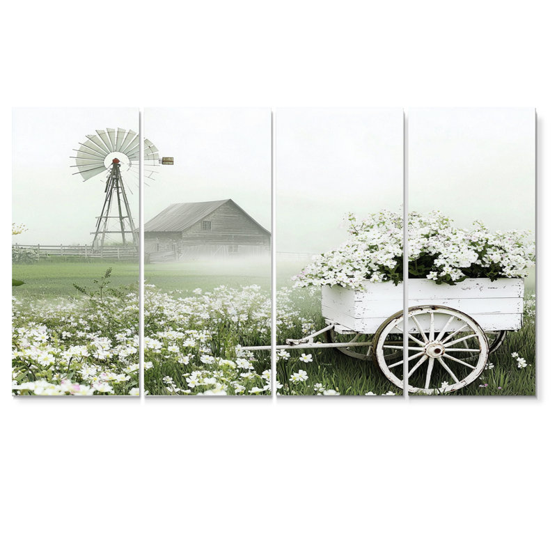Panier de fleurs blanches à la grange III - Ensemble de décoration murale grange, H 32 po x l 64 po