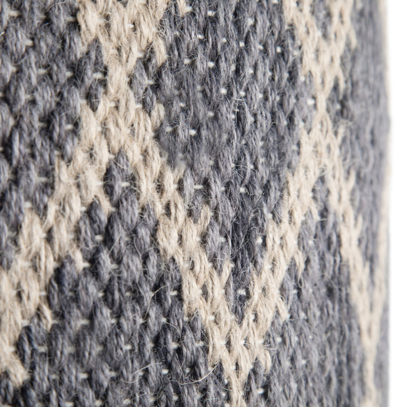 Edgeley 18"W Jute and Cotton Round Pouf with Diamond Pattern, Gray/Natural