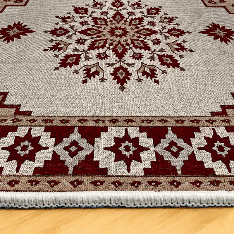 Nancy Collection Digital Print Cotton-Polyester Burgundy Beige Moroccan Rug, Runner 4' x 11'6"