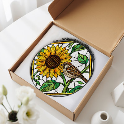 7.8"H Sunflower Sparrow Stained Glass Window Panel