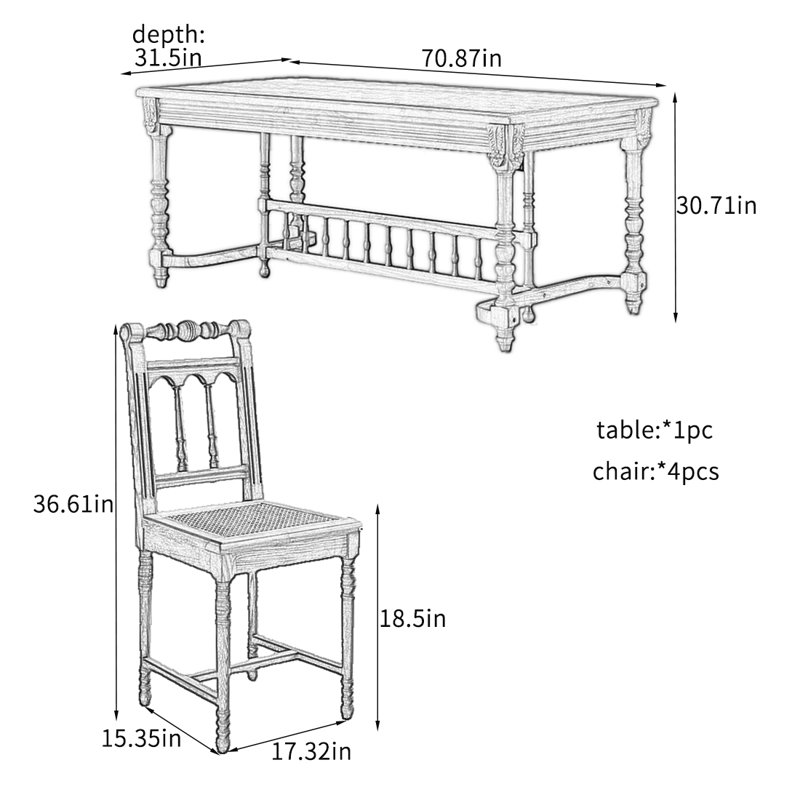 Solid Ash Wood Retro Durable Dining Table Sets., 30.71"H x 70.87"L x 31.5"W