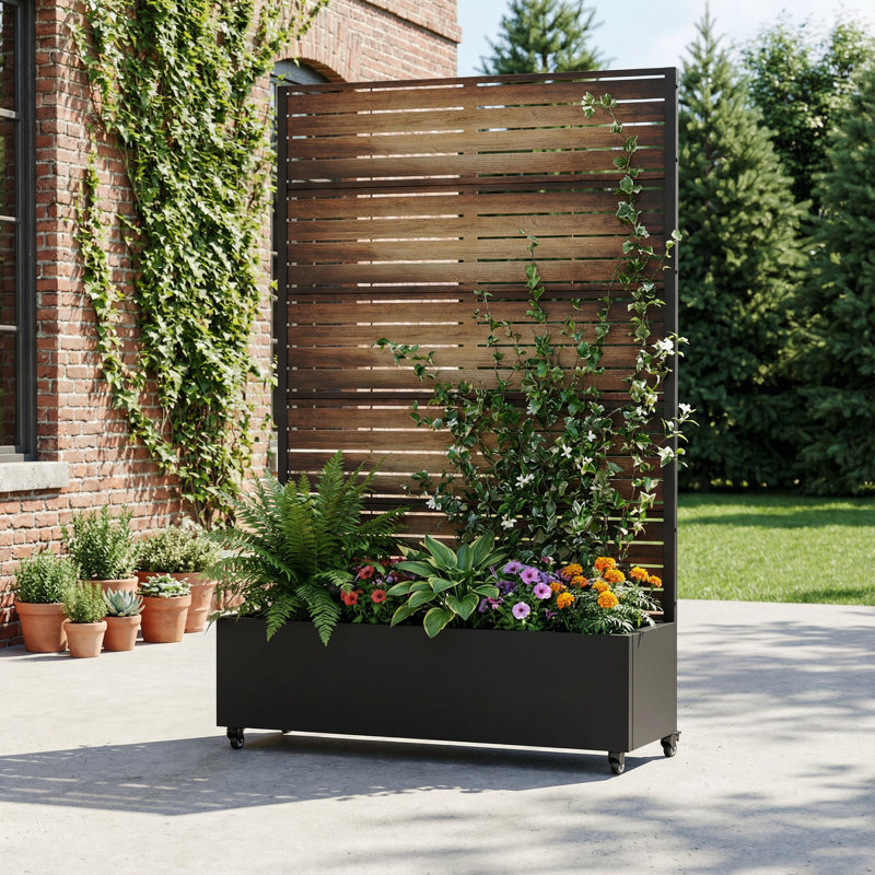 Outdoor Metal Planter Box Raised Garden Beds with Trellis, Black, 72" H x 47" W x 16" D