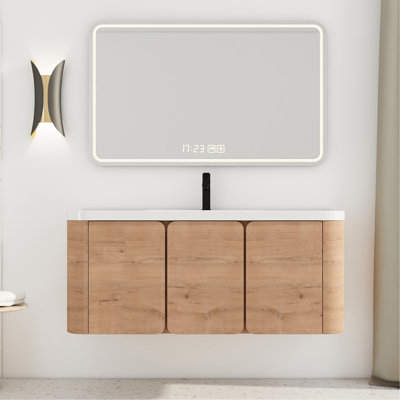 Meuble-lavabo de 48 po avec lavabo en résine blanche, 3 portes à fermeture en douceur, contreplaqué, chêne imitation, aspect flottant et longue durée