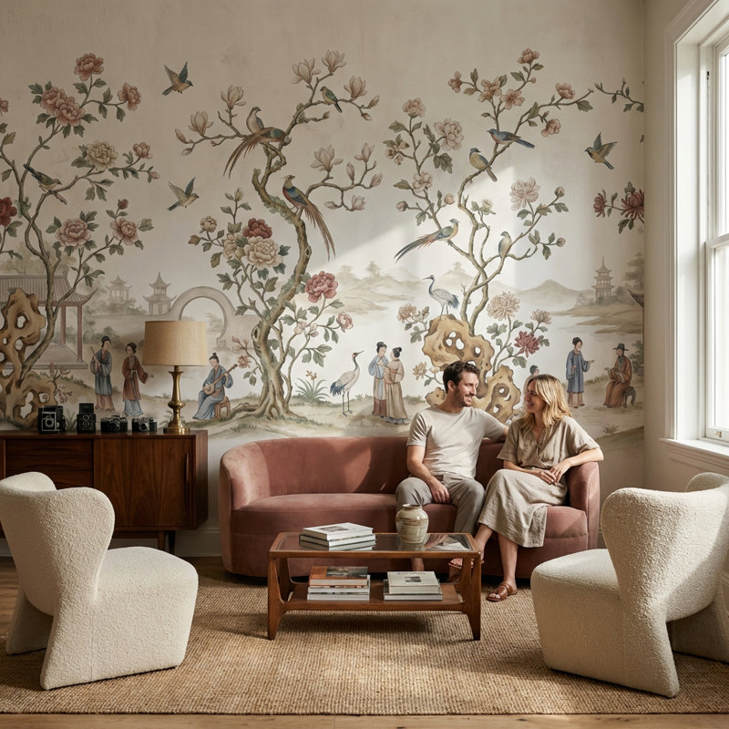 Murale traditionnelle asiatique Serene, 120" x 96", Peler et coller