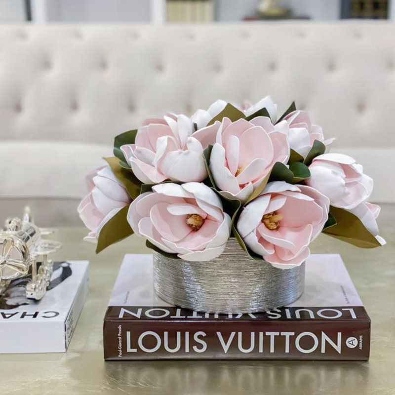 Real Touch Faux Magnolia Flower Arrangement In Glass Vase