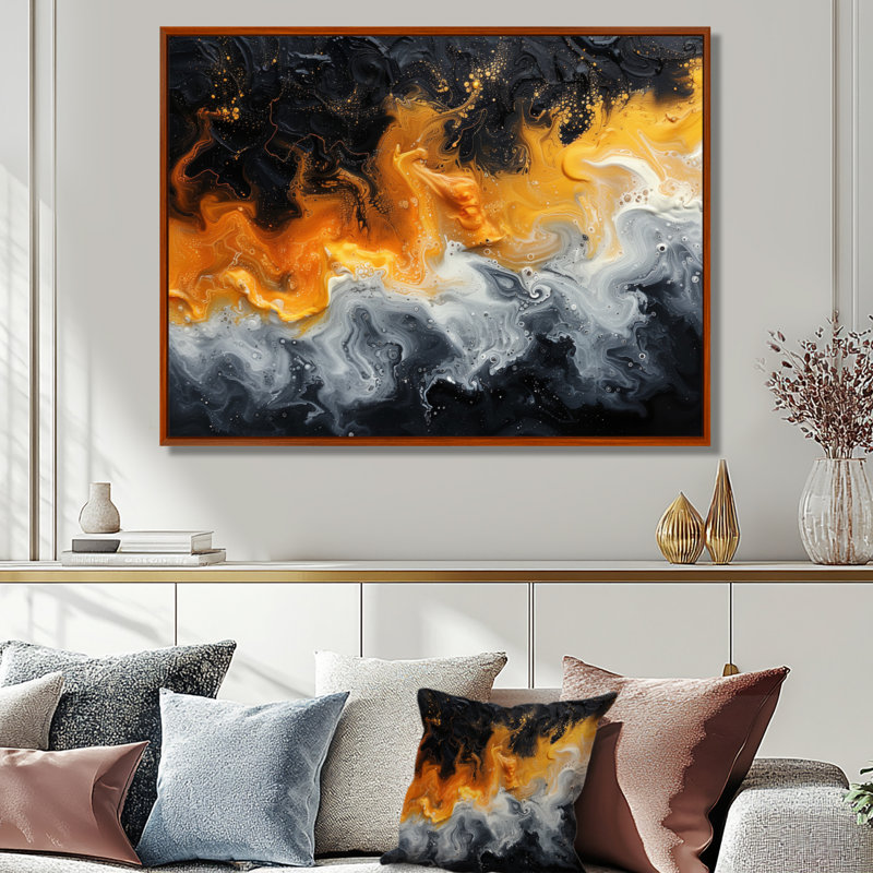  «Orange noir abstrait liquide rivière III - art abstrait mural encre liquide, Cadre flottant brun, H 28 po x l 60 po