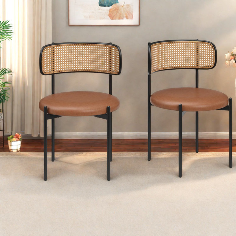 Modern Brown Dining Chairs, Faux Leather With Rattan Back For Home And Restaurant