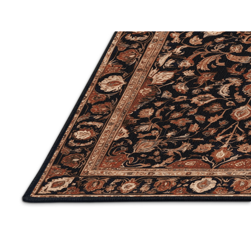Tapis persan noir lavable à la machine, Rond 6 pi