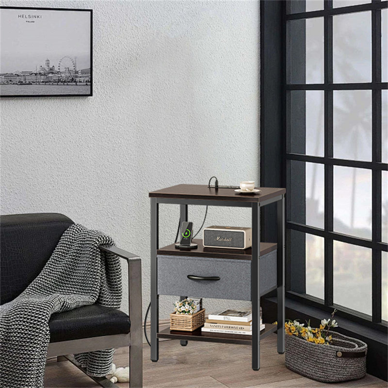 Table de chevet multifonctionnelle avec station de charge et tiroir en tissu réglable, Noyer / gris / noir