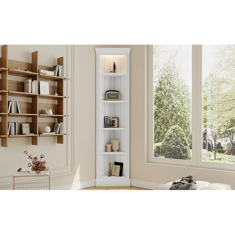 Étagère d'angle moderne de 83,4 po de hauteur, bibliothèque d'angle à 5 niveaux avec éclairage à DEL, étagère de rangement sur pied, présentoir de plante à angle ouvert pour petit espace de salon, coin mural, bureau personnel, blanc