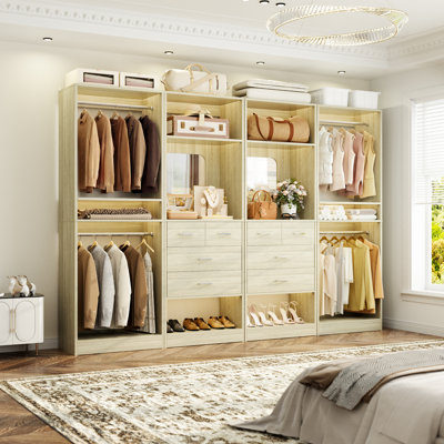 100" Closet System With Drawers, Closet Organizer With Hanging Rods And Mirror Design