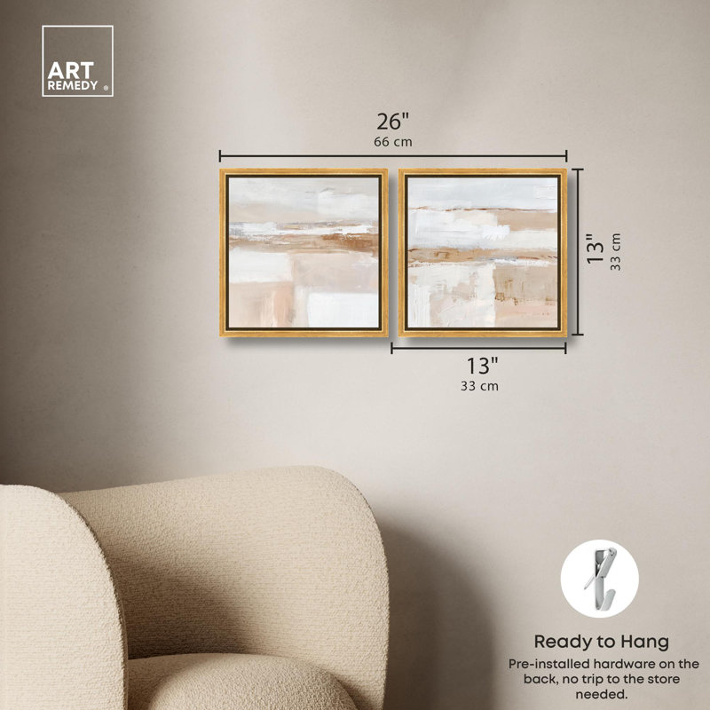 "Neutral Harmony", ensemble de 2 reproductions d'art sur toile par , 13" H x 13" W, Floater Framed Print without Mat, Gold