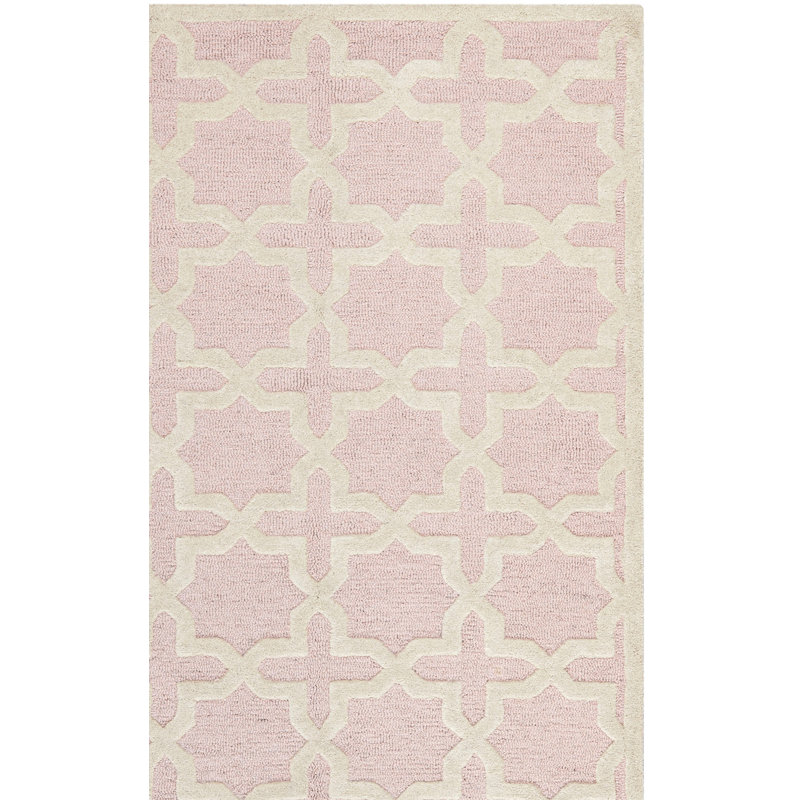 Tapis rose clair / ivoire en laine touffeté à la main à motif géométrique d'Igna, Tapis de couloir 2 pi 6 po x 8 pi
