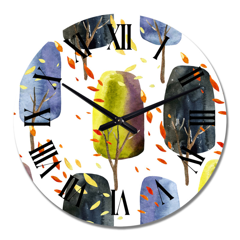 Horloge murale rétro à motif d'arbres d'automne avec feuilles tombantes I, Grand
