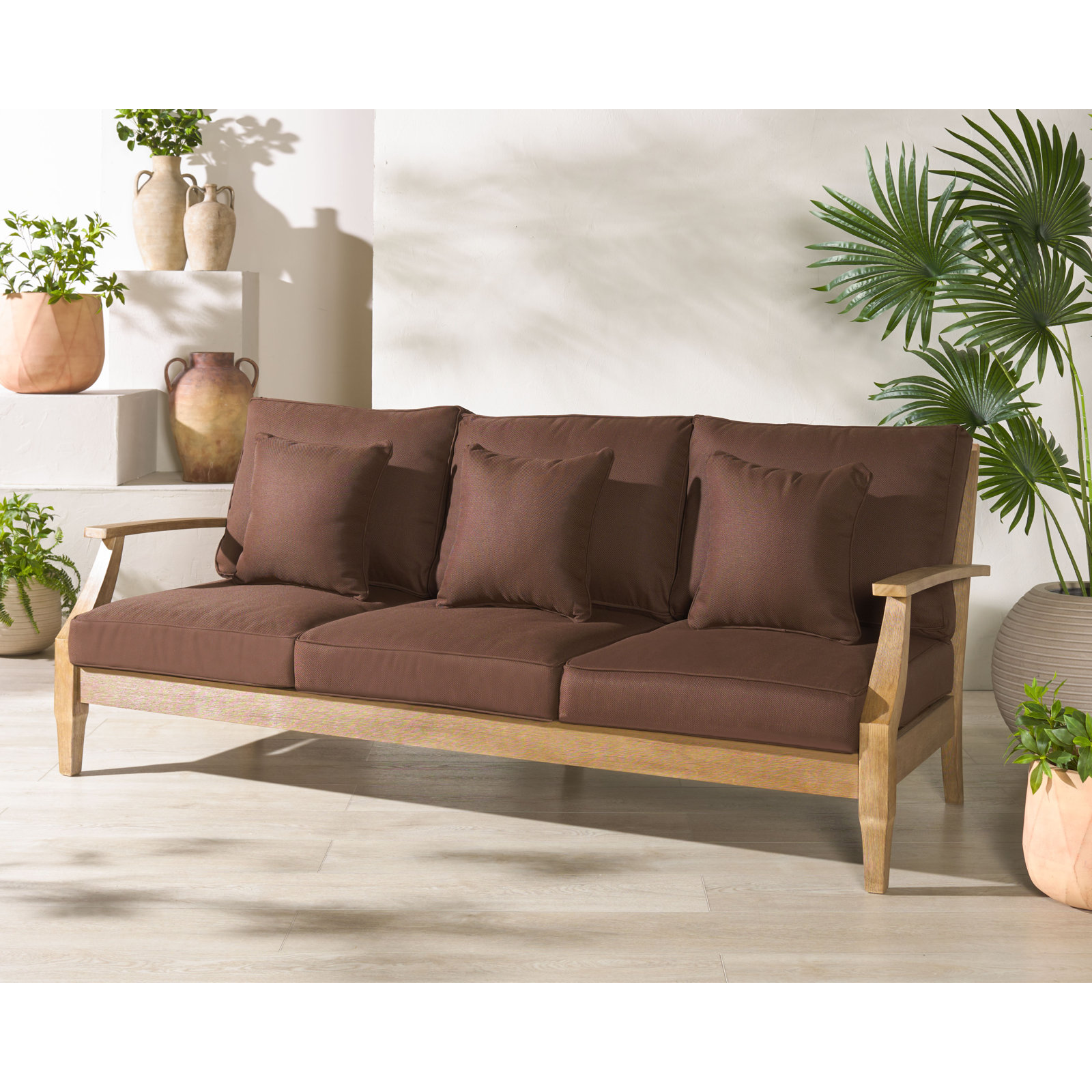 Samya 82" Eucalyptus Patio Sofa, Natural/Dark Brown