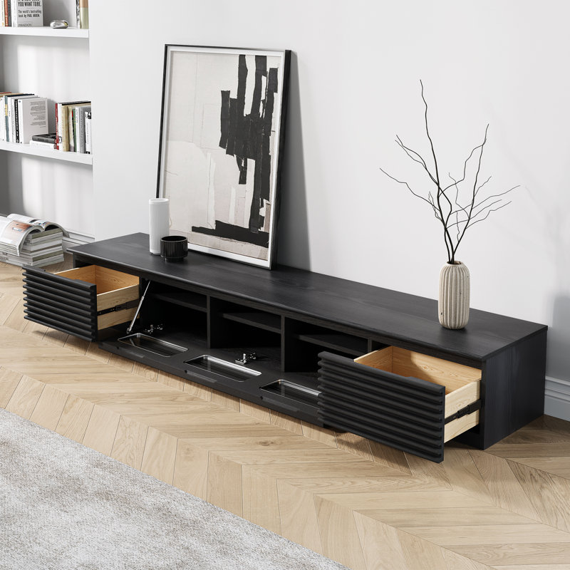 Lesterny Media Console with Flip-Down Glass Door and Drawers, 86.61", Black