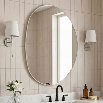 Aurelia 24 in. W x 36 in. H Medium Irregular Asymmetrical Oval Metal Framed Wall Mounted Bathroom Vanity Mirror, Nickel