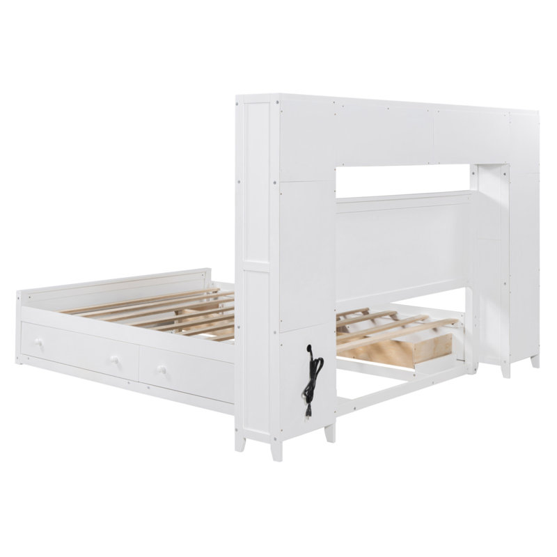 Grand lit en bois avec armoire, tablette et prises tout-en-un, Blanc