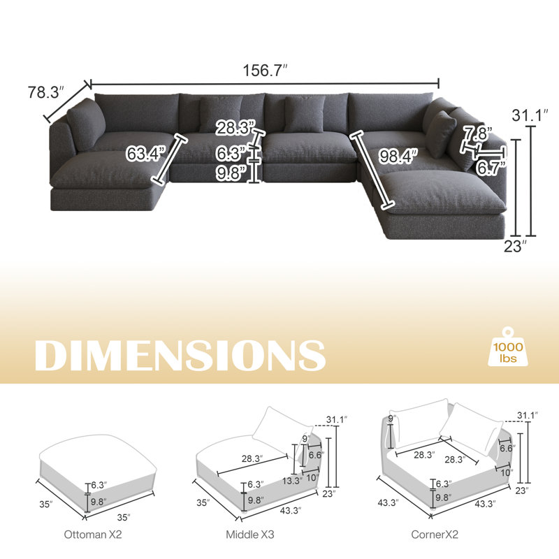 156.7'' Oversized U Shaped 7 Piece Modular Cloud Sectional Sofa With Ottoman, Black Linen