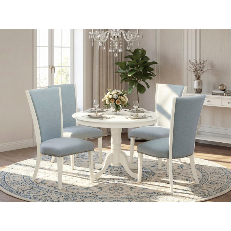 5 Piece Dining Set Includes a Round Dining Room Table with Pedestal and 4 Baby Blue Linen Fabric Upholstered Chairs, Linen White