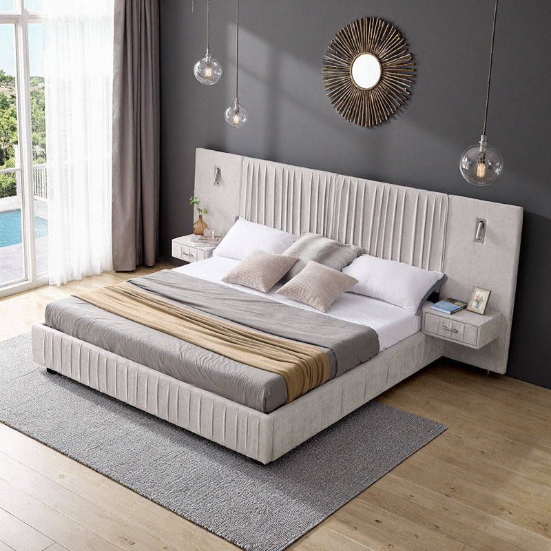 Très grand lit plateforme tapissier en chenille avec tables de chevet intégrées, lampes de lecture et tête de lit réglables - Beige | Aucun sommier tapissier requis