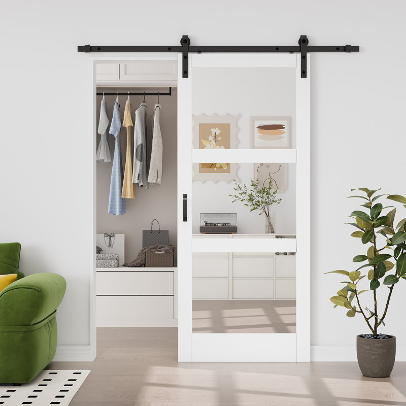 Porte de grange coulissante à double face en miroir 84 po H, 36 po x 84 po, Miroir 3 pièces, Sans fermeture en douceur
