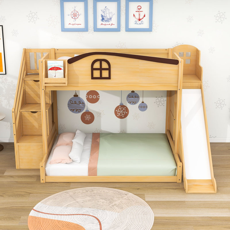 Lit superposé simple au-dessus de double avec glissade intégrée, garde-robe et rangement Woode, Naturel / espresso