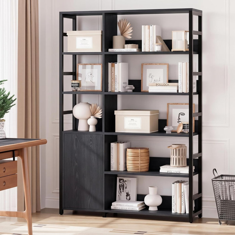 5 Tier Bookshelf with Doors - 71.1" Industrial Display Standing Shelf Rak with Open Shelves & Metal Frame, Bookcase with Adjustable Shelf, Black