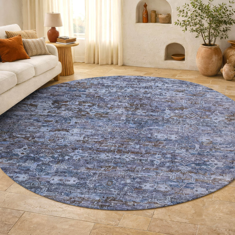 Tapis Ikat Mayfield AMF2324 de qualité supérieure lavable à la machine, Bleu, Rond 8 pi