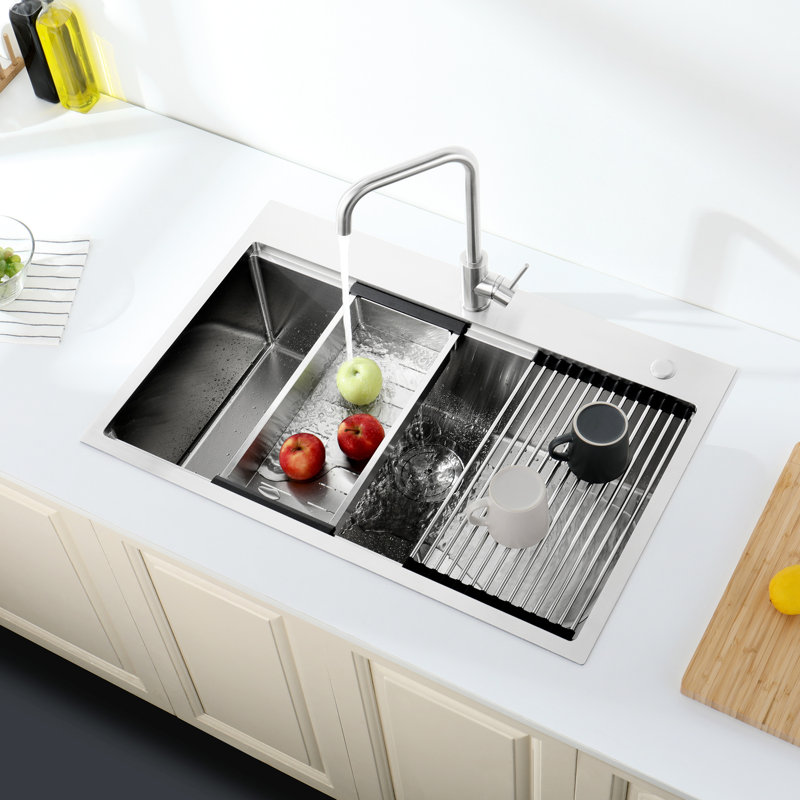 Évier de cuisine en acier inoxydable encastrable 33 po x 22 po. Gris foncé, bol simple avec accessoires, mécanisme de drainage rapide, acier de production encastré. Drainage rapide naturel, fabriqué