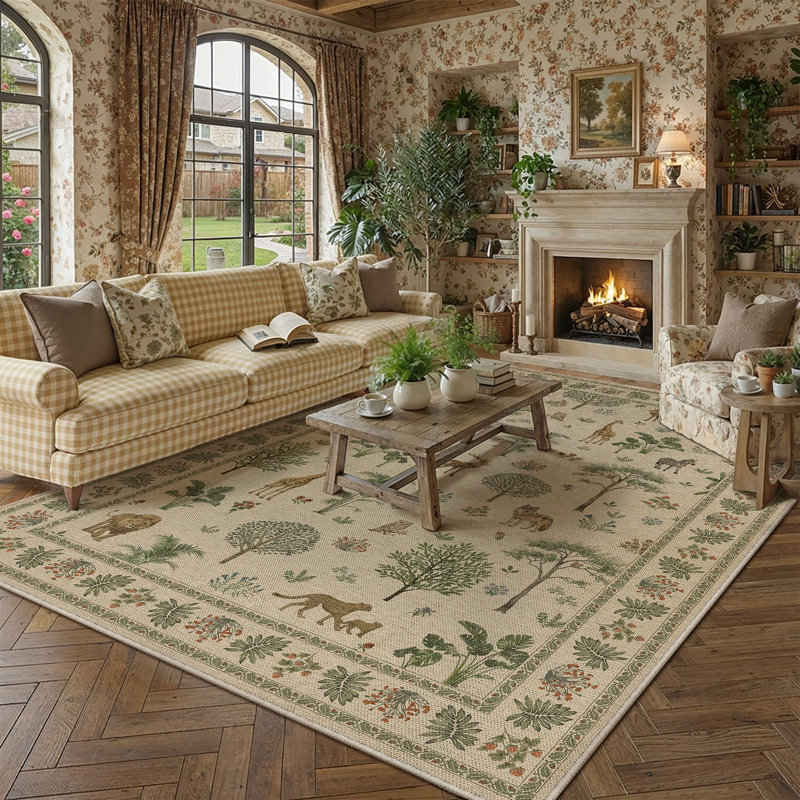 Sofia Wildlife Pattern Washable Faux Linen Area Rug With Non-Slip Backing, Rectangle 8' x 10'