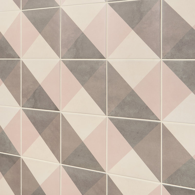 Elizabeth Sutton Art Geo 8x8 Matte Encaustic Look Porcelain Tile, Cement Deco Mist Gray and Pink