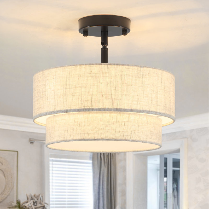 3-Light 2-Tier 12.6" Dimmable Linen Shade Drum Semi Flush Mount Modern Farmhouse Round Ceiling Lamp for Kitchen Island Hallways