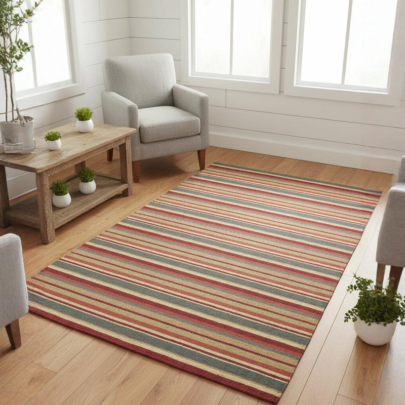 Worcester Authentic Hand-Tufted Handmade Green, Red & Beige Casual Coastal Horizontal Stripe Wool Area Rug, 5' x 7'6"