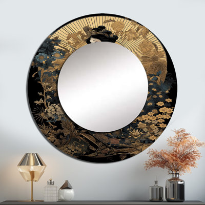 Olutosin Elegant Japanese Woman VII - Woman Mirror, Gold Round Decorative Wall Mirror, Printed Metal Art