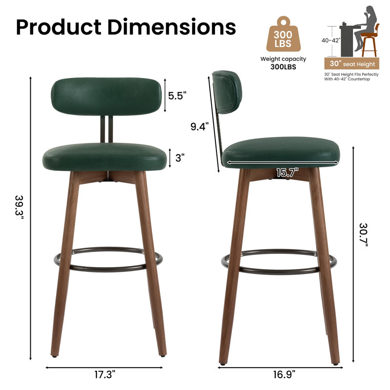Tabourets de bar pivotants, tabourets de bar à hauteur de comptoir 30 po, similicuir, Green/PU Leather, 1