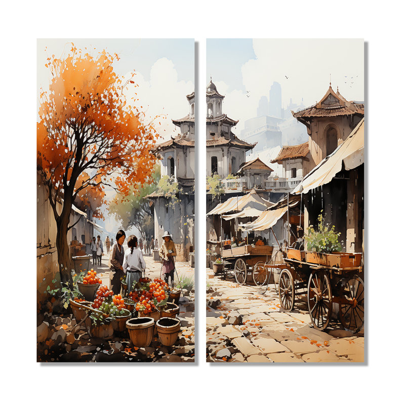 Vietnamese Countryside Market II - Art mural brun à 2 panneaux, 40" H x 40" W, Wrapped Canvas, Does Not Apply