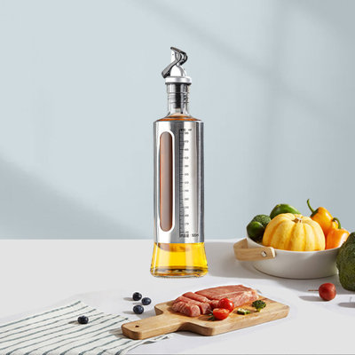 Bouteille d'eau Bouteille à huile en acier inoxydable avec échelle Vinaigre à l'huile de soja Bouteille d'assaisonnement de cuisine Bouteille à ouverture et fermeture automatique d'huile