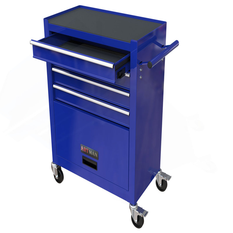 4-Drawer Rrolling Tool Box, 24.4" With 4 Wheels And Drawers With Tools, For Garage, Warehouse, Workshop, Shop, Blue
