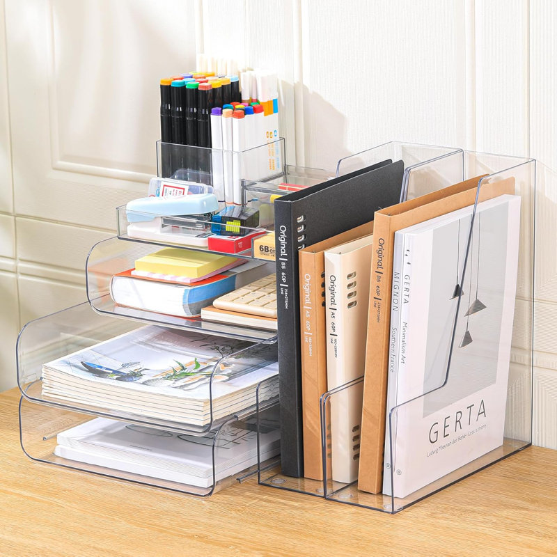 Organisateur de bureau transparent, plateau à lettres empilable à 4 niveaux avec 2 porte-documents verticaux et 5 porte-stylos pour le rangement de bureau