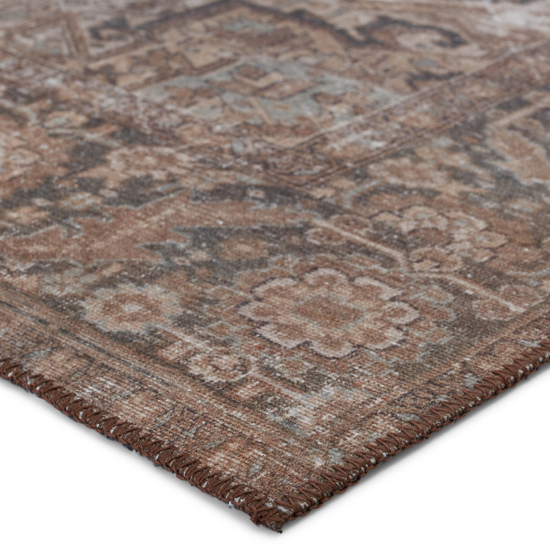 Vintage Blue and Brown Medallion Synthetic Washable Area Rug 5' x 7'