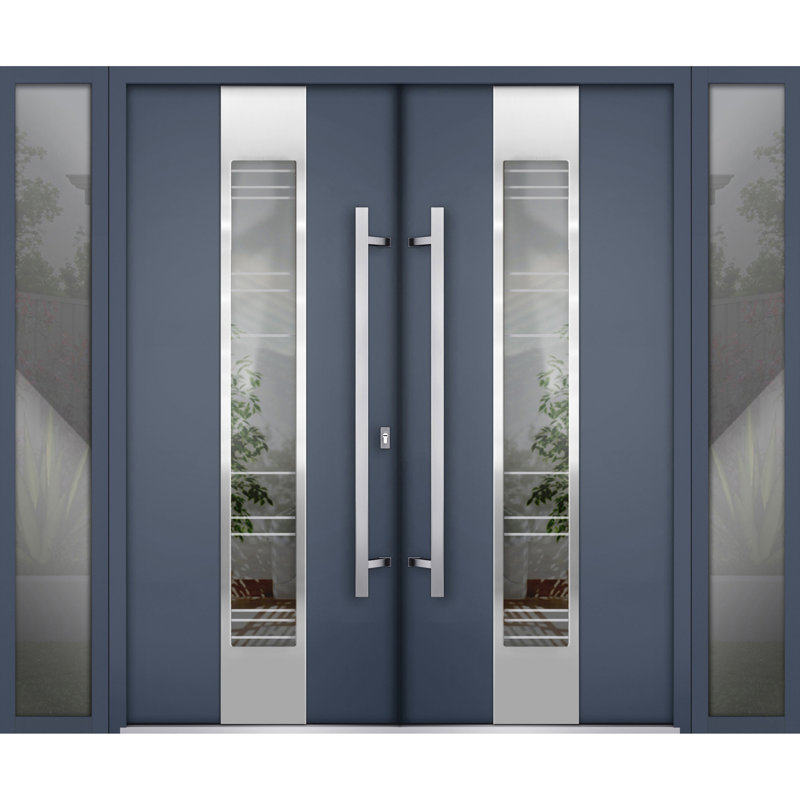 Façade avant extérieure portes doubles en métal / deux portes en verre transparent gris graphite 5755/2 fenêtres extérieures latérales / porte d'entrée moderne peinte à gauche à l'intérieur 104 po x 80 po