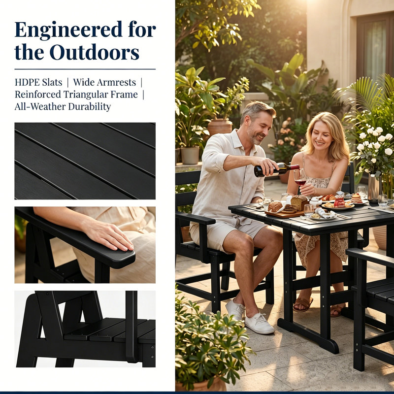 5-Piece-HDPE Outdoor-Table-And-Chairs With Removable Armrests, Black